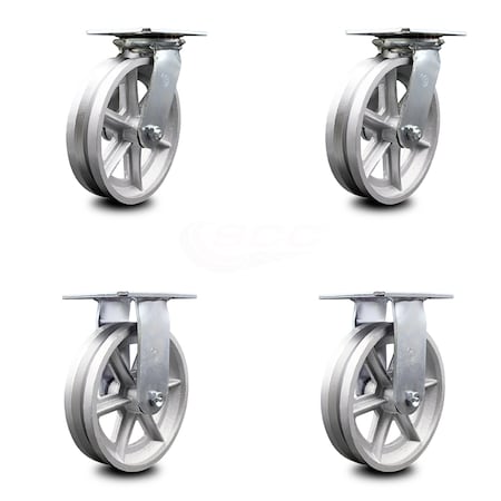 8 Inch V Groove Semi Steel Caster Set With Roller Bearings 2 Swivel 2 Rigid SCC